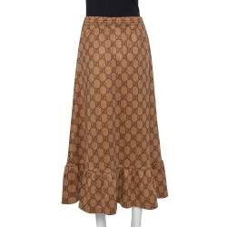 Pre Owned Gucci Beige Knit Logo Monogram Detail Ruffled Midi Skirt XS