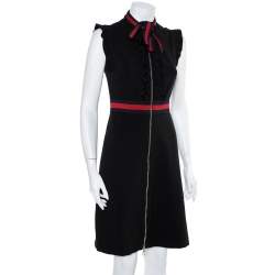 Pre Owned فستان غوتشي متوسط الطول حافة مزينة مكشكشة جيرسيه أسود مقاس وسط (ميديوم)