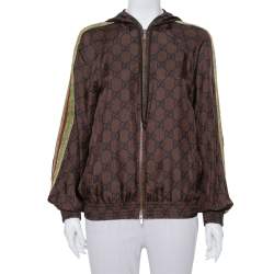 Pre Owned Gucci Brown Guccissima Printed Silk Stripe Detail Hooded Jacket XS