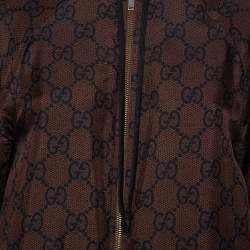 Pre Owned Gucci Brown Guccissima Printed Silk Stripe Detail Hooded Jacket XS