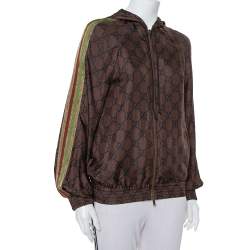 Pre Owned Gucci Brown Guccissima Printed Silk Stripe Detail Hooded Jacket XS