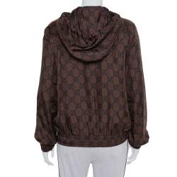 Pre Owned Gucci Brown Guccissima Printed Silk Stripe Detail Hooded Jacket XS