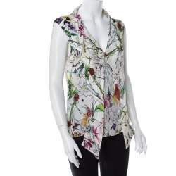 Gucci White Floral Printed Silk Neck Tie Detail Sleeveless Top M