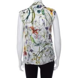 Gucci White Floral Printed Silk Neck Tie Detail Sleeveless Top M