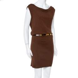 مملوكة مسبقًا Gucci Brown Cashmere & Silk Cowl Neck Detail Belted Dress L
