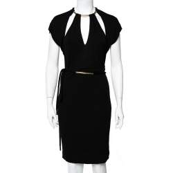 Pre Owned Gucci Black Knit Metal Embellished Cutout Detail Belted Dress M