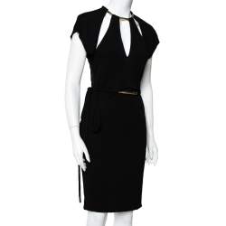 Pre Owned Gucci Black Knit Metal Embellished Cutout Detail Belted Dress M