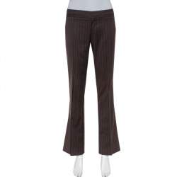 Pre Owned Gucci Brown Pinstriped Wool Flared Leg Trousers S