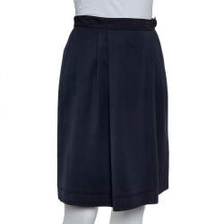 Pre Owned Gucci Vintage Navy Blue Wool Pleated Wrap Detail Knee Length Skirt S