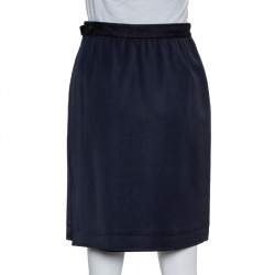 Pre Owned Gucci Vintage Navy Blue Wool Pleated Wrap Detail Knee Length Skirt S