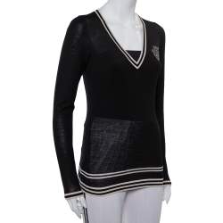 Pre Owned Gucci Black Wool Striped Detail V-Neck Sweater L