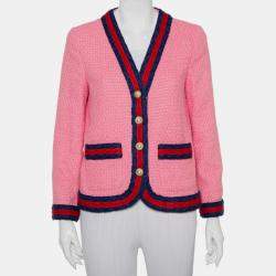 Pre Owned Gucci Pink Tweed Striped Detail Pearl Button Front Jacket M