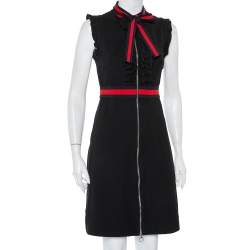 Pre Owned Gucci Black Knit Stripe Trim Detail Ruffled Zipper Front Mini Dress M