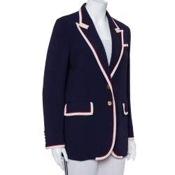 Pre Owned Gucci Navy Blue Crepe Contrast Trim Detail Button Front Blazer L