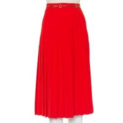 Pre Owned Gucci Red Wool Pleated Leather Belt Detail Midi Skirt M