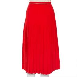 Pre Owned Gucci Red Wool Pleated Leather Belt Detail Midi Skirt M