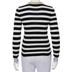 Pre Owned Gucci Monochrome Striped Knit Floral Embroidered Applique Sweater S