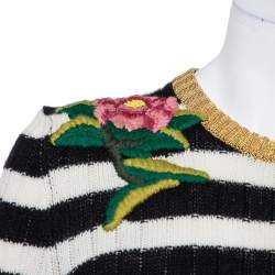 Pre Owned Gucci Monochrome Striped Knit Floral Embroidered Applique Sweater S