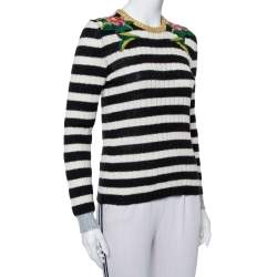 Pre Owned Gucci Monochrome Striped Knit Floral Embroidered Applique Sweater S