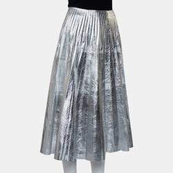 Pre Owned Gucci Metallic Silver Leather Pleated Midi Skirt S