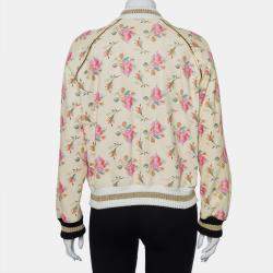Pre Owned Gucci Cream Floral Printed Leather Contrast Trim Detail Bomber Jacket L