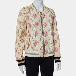 Pre Owned Gucci Cream Floral Printed Leather Contrast Trim Detail Bomber Jacket L
