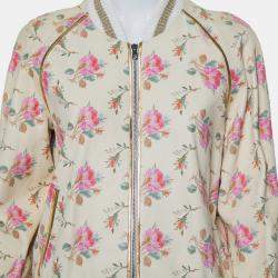 Pre Owned Gucci Cream Floral Printed Leather Contrast Trim Detail Bomber Jacket L
