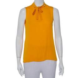 Pre Owned Gucci Mustard Yellow Silk Pearl Buttoned Neck Tie Detail Sleeveless Top M