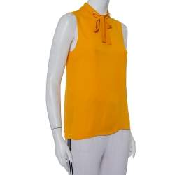 Pre Owned Gucci Mustard Yellow Silk Pearl Buttoned Neck Tie Detail Sleeveless Top M