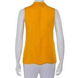 Pre Owned Gucci Mustard Yellow Silk Pearl Buttoned Neck Tie Detail Sleeveless Top M