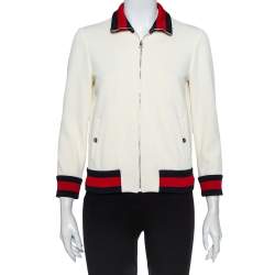 Pre Owned Gucci Off White Knit Striped Trim Detail Zip Front Jacket L