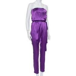 Pre Owned Gucci Purple Silk Satin Belted Bustier Detail Strapless Jumpsuit S