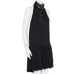 Gucci Black Silk Contrast Trim Detail Halter Neck Shift Dress M