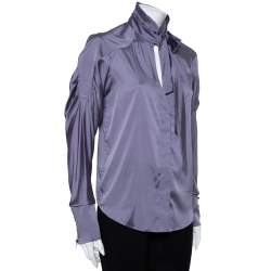 Pre Owned قميص غوتشي أزرار أمامية تفاصيل ربطة فيونكة رقبة حرير رمادي مقاس متوسط