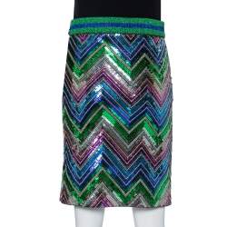 Gucci Multicolor Lurex Knit Chevron Pattern Sequin Embellished Skirt L