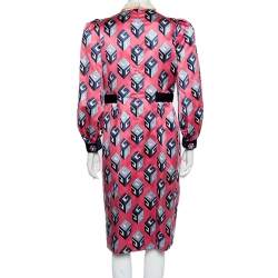 Pre Owned Gucci Pink Cube Printed Silk Satin Belted Midi Dress M