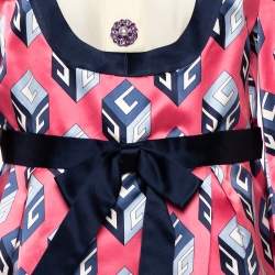 Pre Owned Gucci Pink Cube Printed Silk Satin Belted Midi Dress M