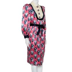 Pre Owned Gucci Pink Cube Printed Silk Satin Belted Midi Dress M