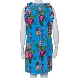 Pre Owned Gucci Blue Floral Printed Silk Ruffle Detail Tunic M