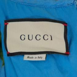 Pre Owned Gucci Blue Floral Printed Silk Ruffle Detail Tunic M