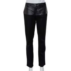 Pre Owned Gucci Black Cotton Fitted Leather Trim Tapered Leg Pants M