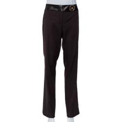 Pre Owned Gucci Brown Wool & Leather Trim Straight Leg Trousers XL