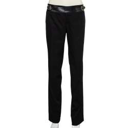 Pre Owned Gucci Black Wool & Leather Trim Tapered Leg Trousers M
