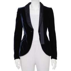 Pre Owned Gucci Navy Blue Velvet Satin trim Button Front Blazer S