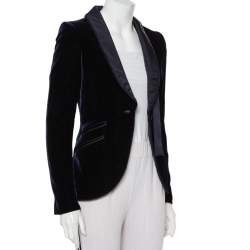 Pre Owned Gucci Navy Blue Velvet Satin trim Button Front Blazer S
