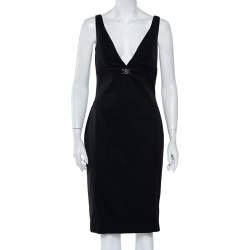Pre Owned Gucci Black Wool Plunge Neck Sleeveless Midi Dress M
