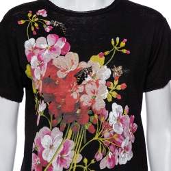 Pre Owned تي شيرت غوتشي كتان مطبوع مزخرف مورد أسود مقاس صغير جداً (اكس سمول)