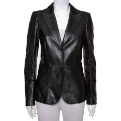 Pre Owned Gucci Black Leather Button Front Blazer S