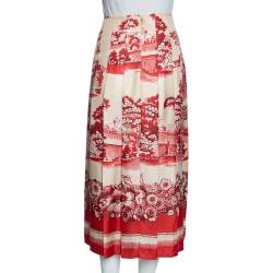 Pre Owned Gucci Cream Floral Printed Silk Pleated Midi Skirt M