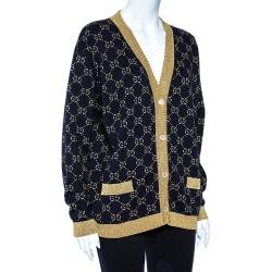 Pre Owned Gucci Black Logo Monogram Lurex Knit Button Front Oversized Cardigan M